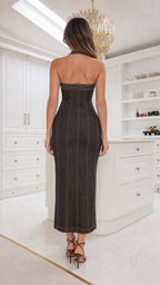 Back view of model in dark charcoal denim midi dress