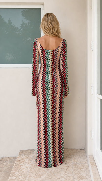 Back view of model in Multicolor chevron knit maxi dress