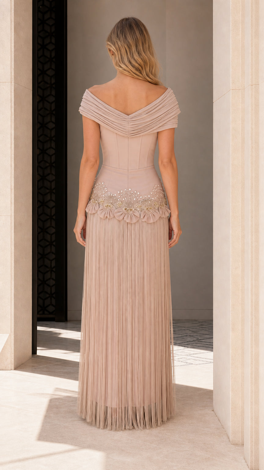Back view of Champagne evening dress