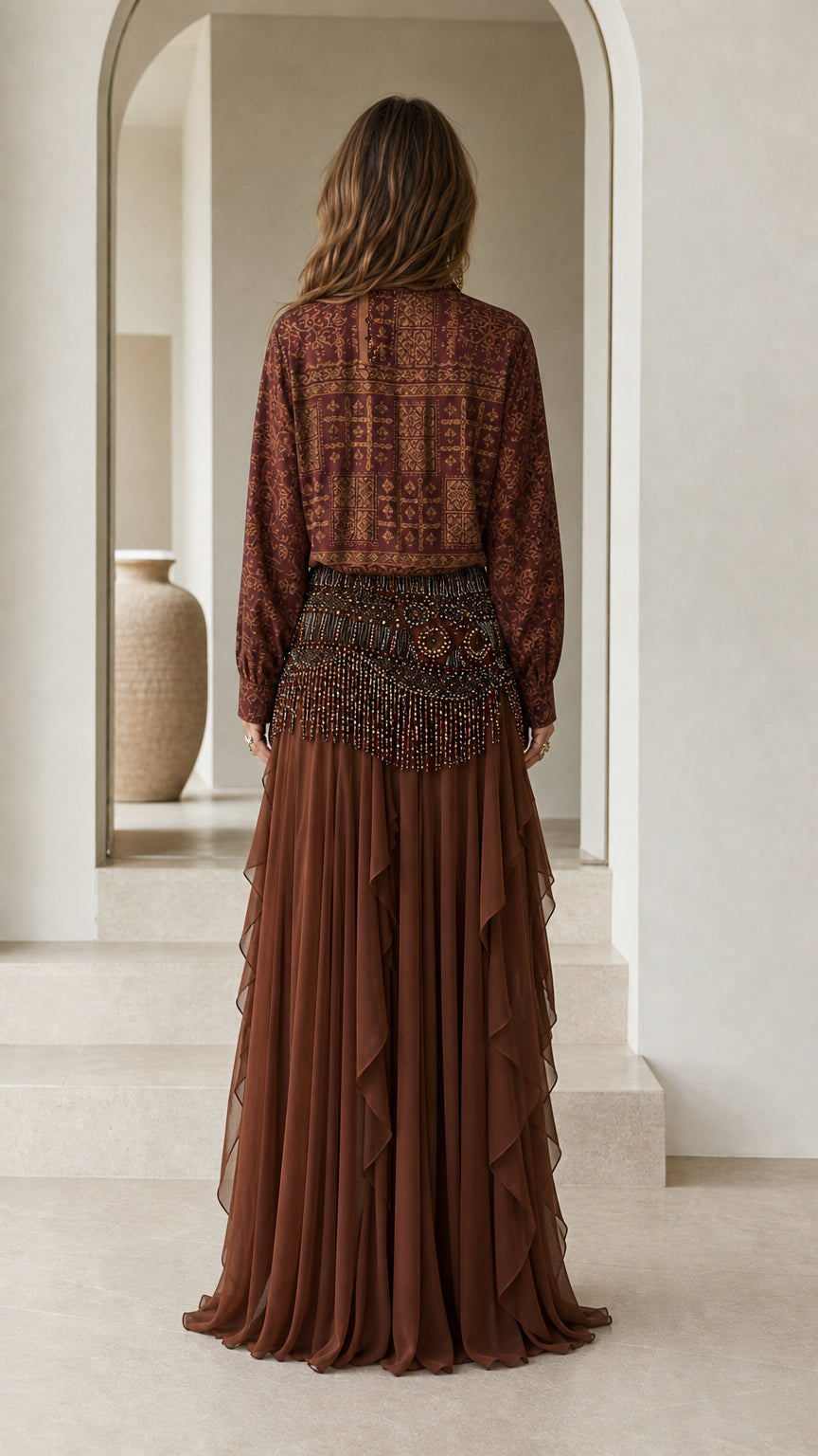 Back view of brown boho tiered ruffle maxi skirt set