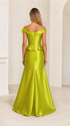 Model wearing lime green satin evening dress back view