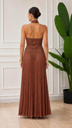 Elegance Halter Neck Pleated Maxi Dress in Brown back view