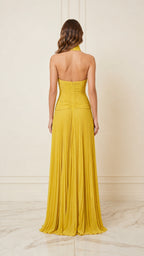 Back view of yellow pleated halter evening dress