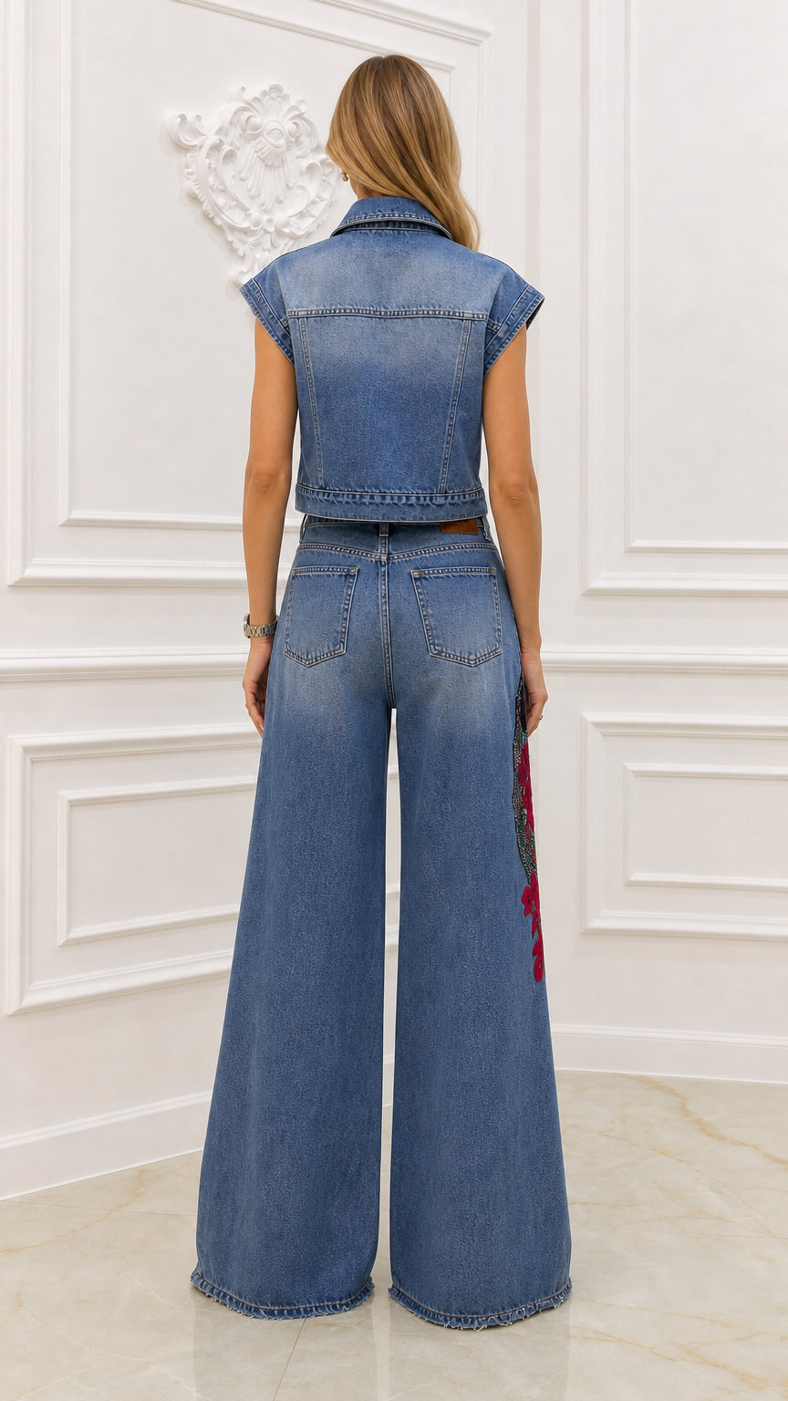 Back view of model showing wide-leg denim trousers