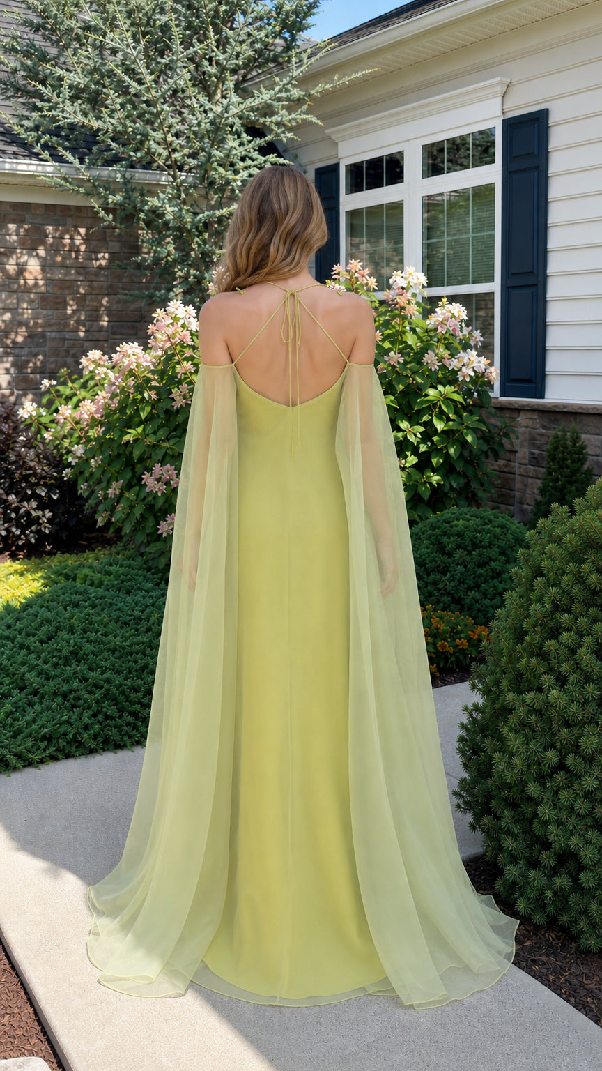 Back view of lime maxi dress showing strap details