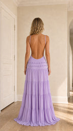 Back view showcasing open back design of lavender dress