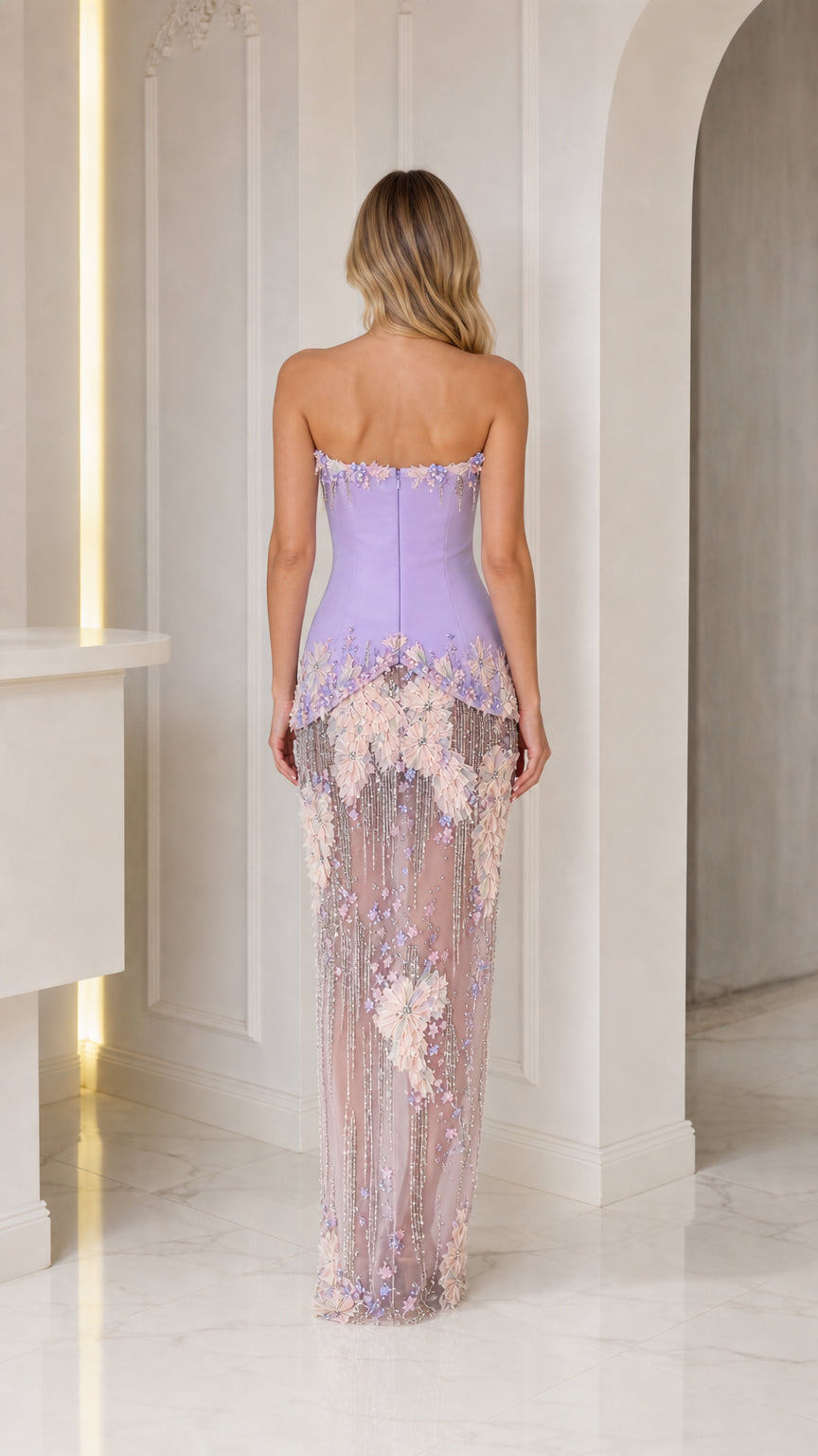 Back view of lavender strapless formal dress