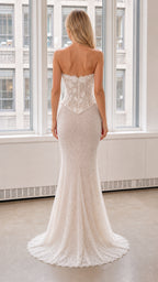 Back view of white strapless mermaid evening dress