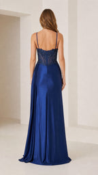 Back view of royal blue evening dress showing strap details