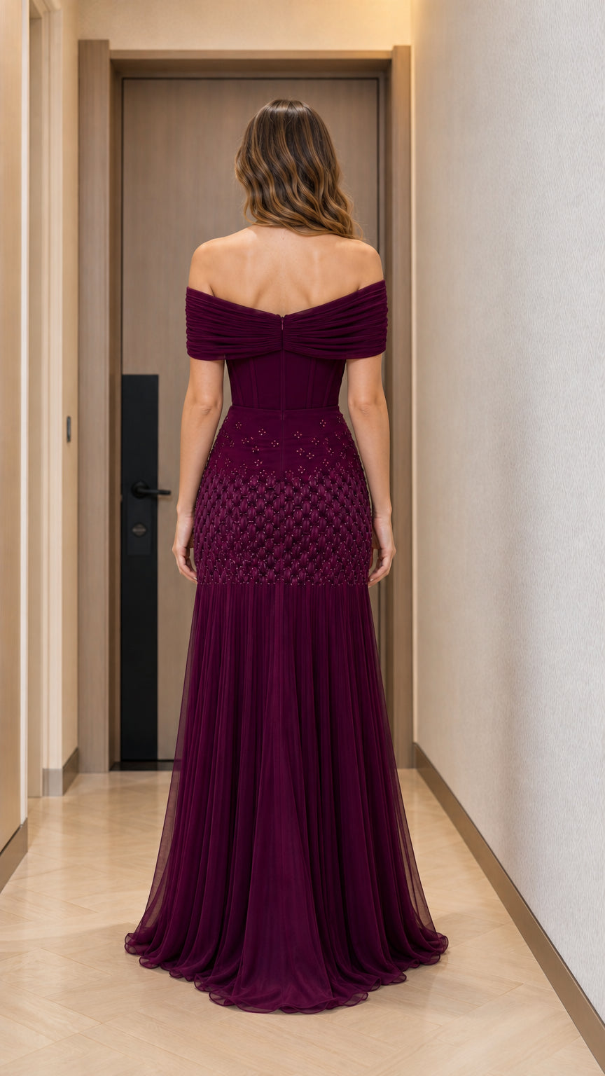 Back view of burgundy off-shoulder evening gown