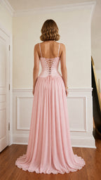 Back view showing lace-up detail on pink evening dress