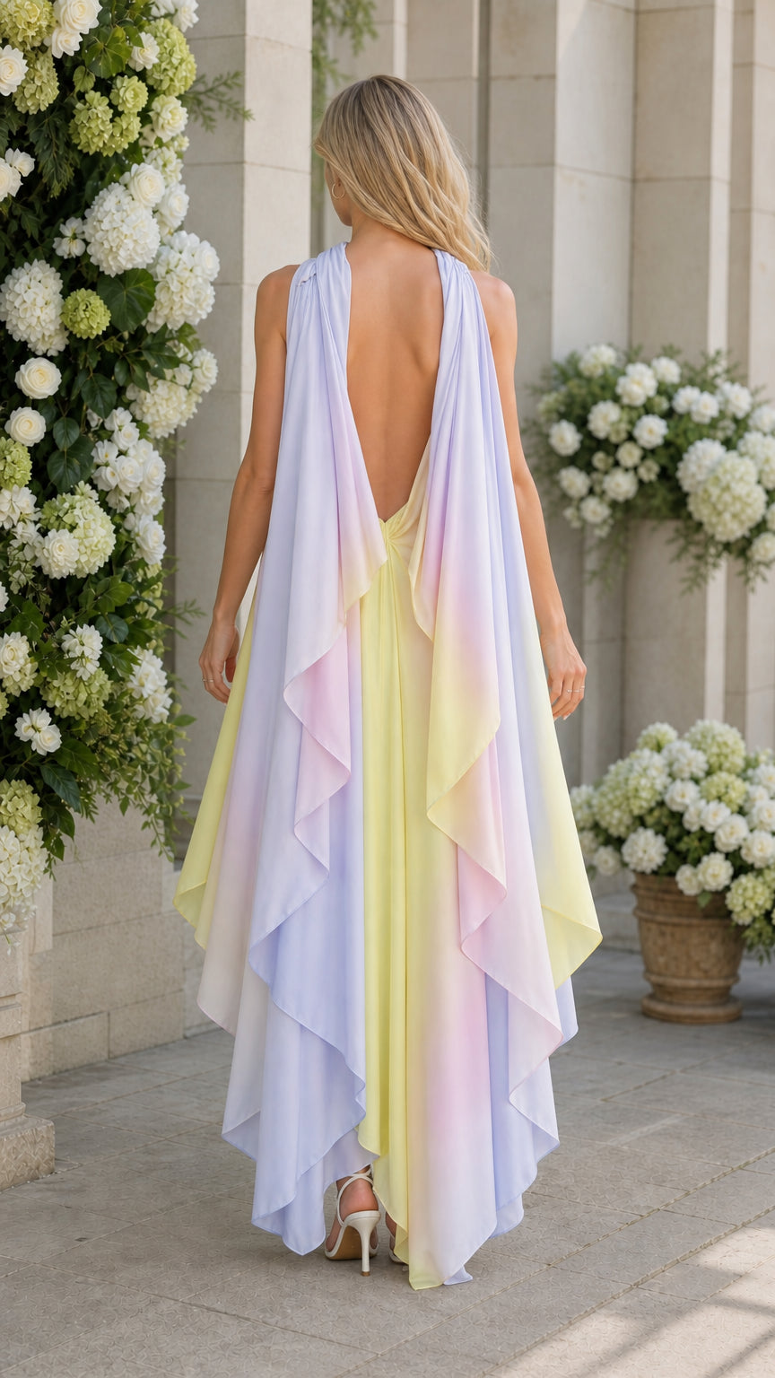 Back view of model showing flowing cape details on multi ombre dress