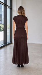 Back view of model wearing brown glitter mesh maxi dress