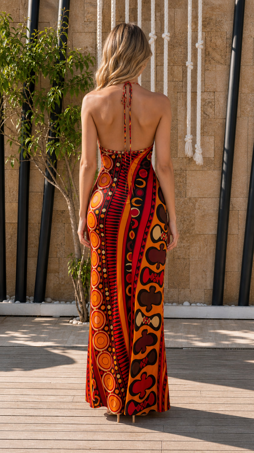 Back view showcasing open back and halter straps of Red Multi maxi dress