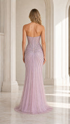 Back view showcasing sweep train on lavender gown