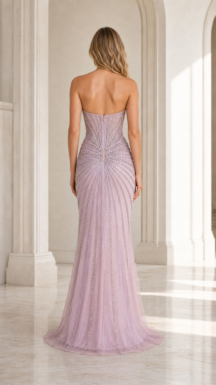 Back view showcasing sweep train on lavender gown