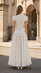 Back view of ivory maxi dress showing lace-up detail