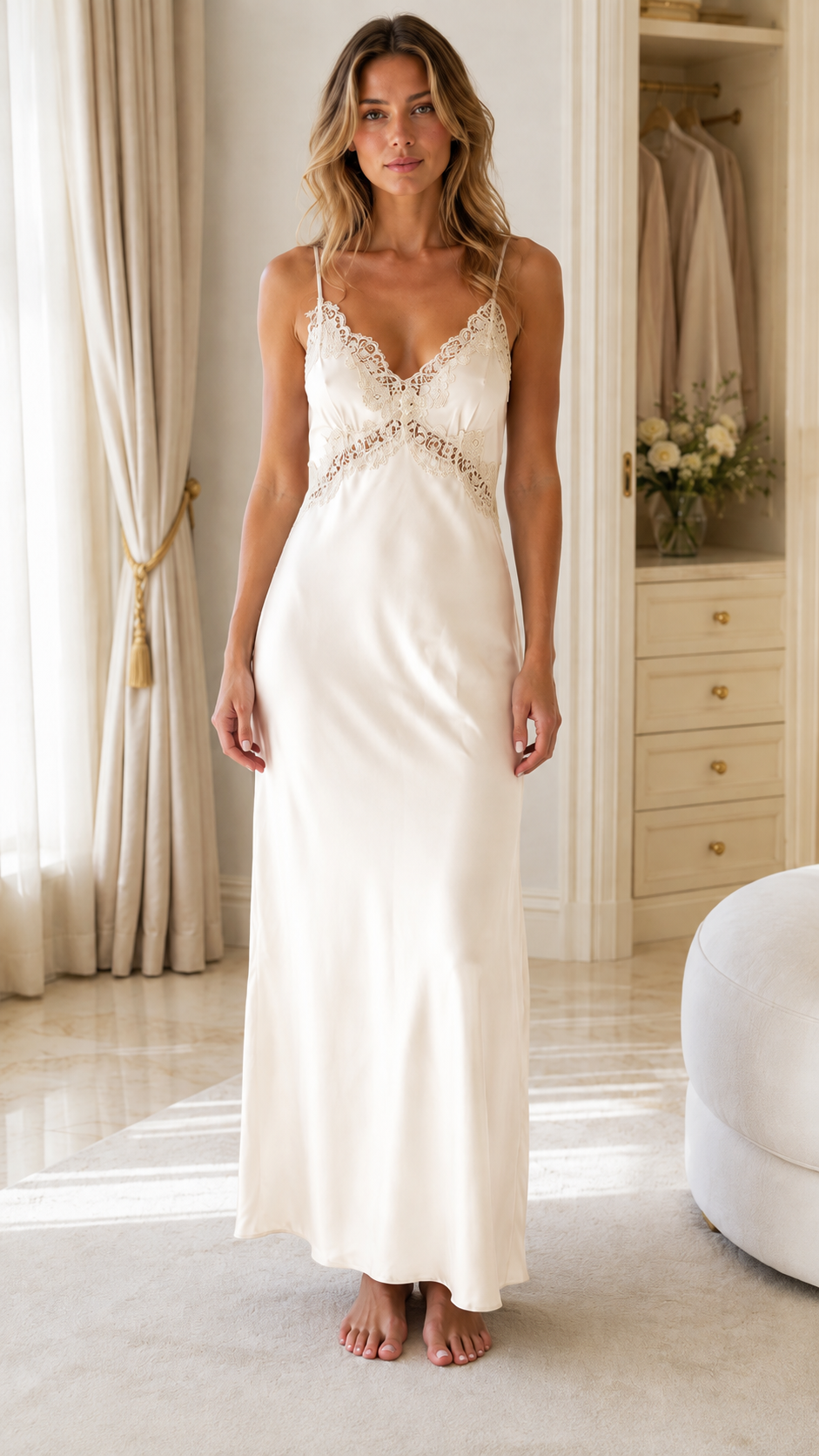 Model wearing champagne satin maxi slip dress from front