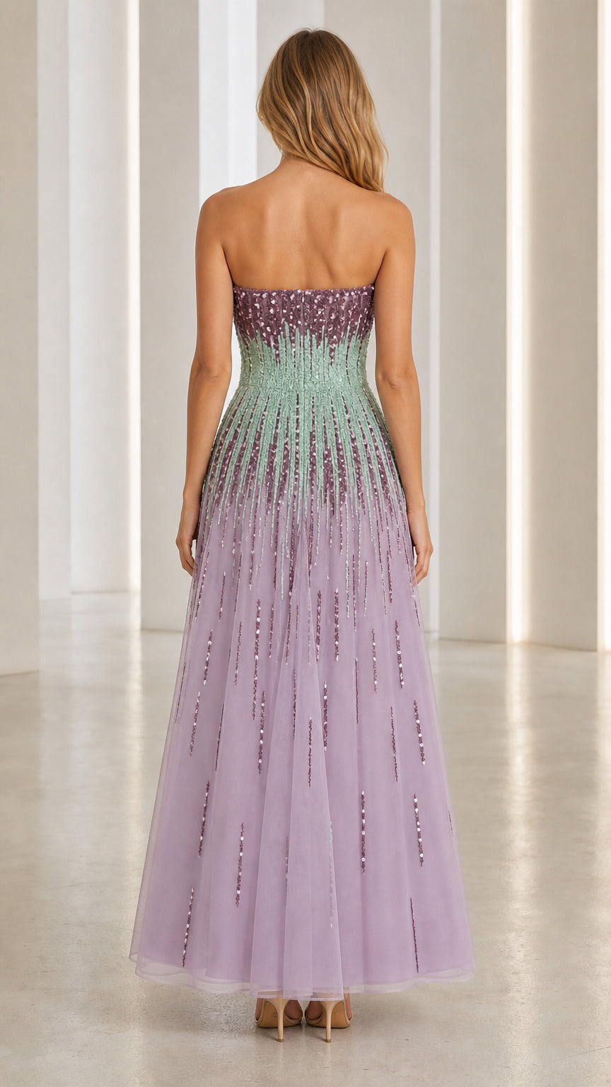 Back view of model in lavender sequin gown