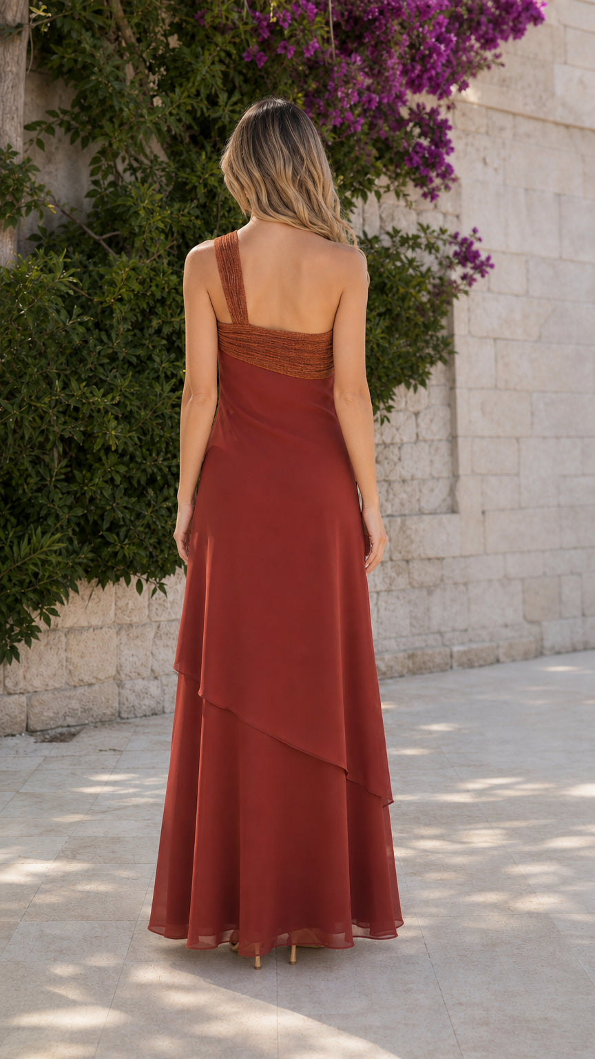 Back view of woman in Rust Red maxi dress