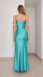 Back view of teal satin maxi dress