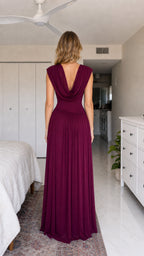 Back view showing cowl back detail on burgundy dress