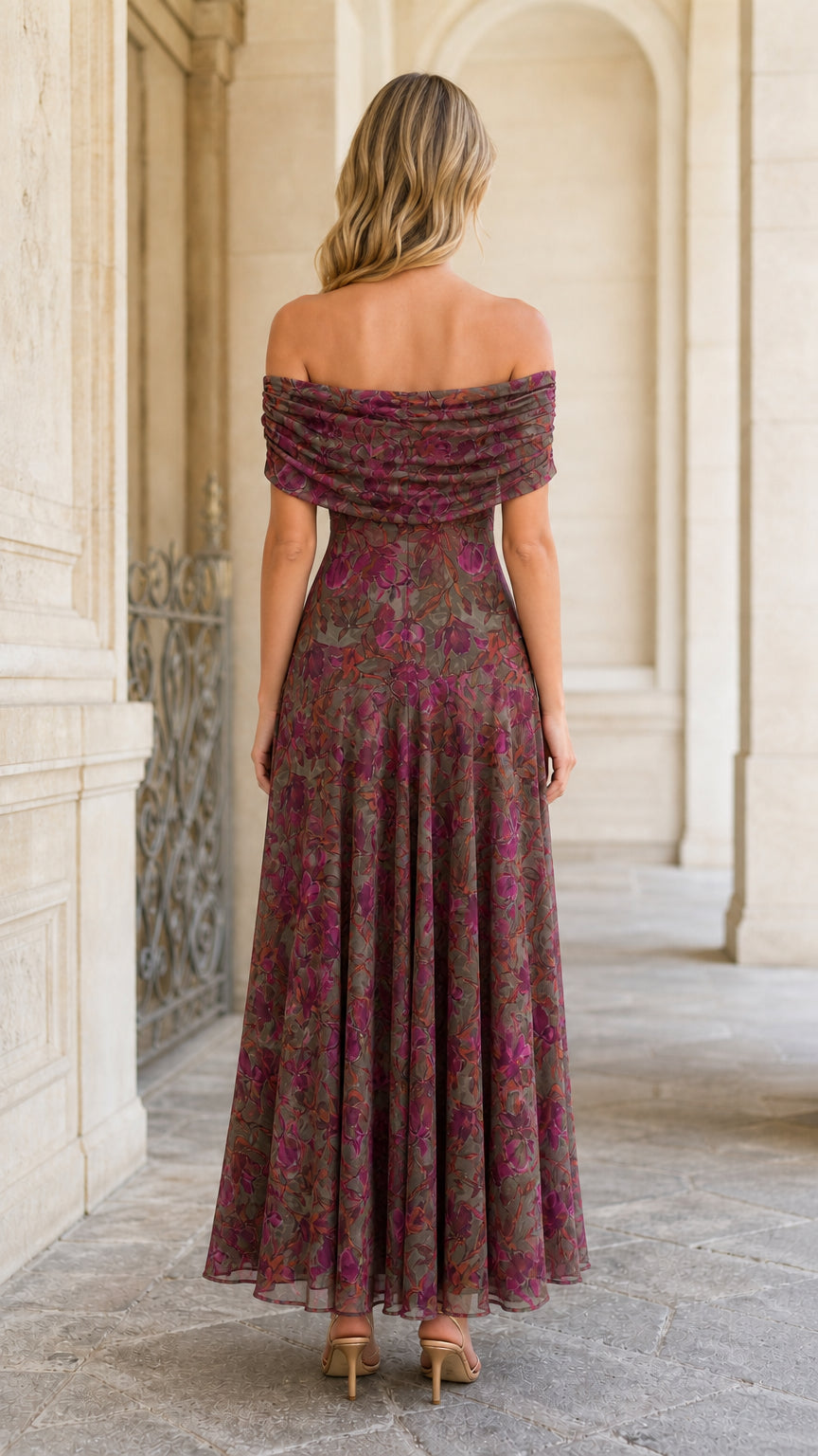 Back view of model showing draped upper back detail