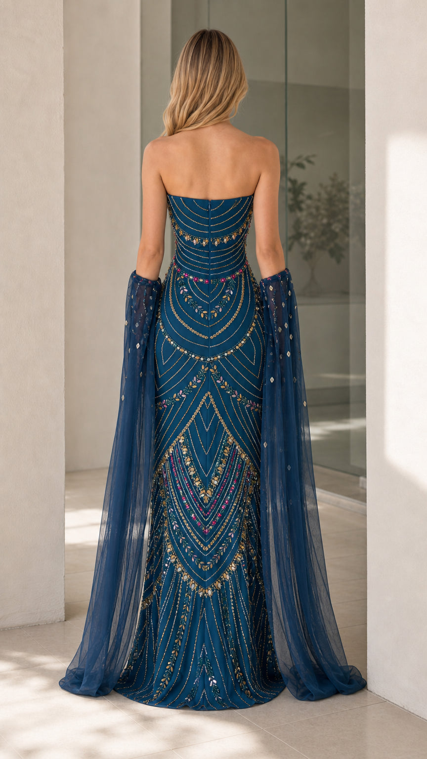 Back view showcasing detailed beadwork on teal blue evening gown