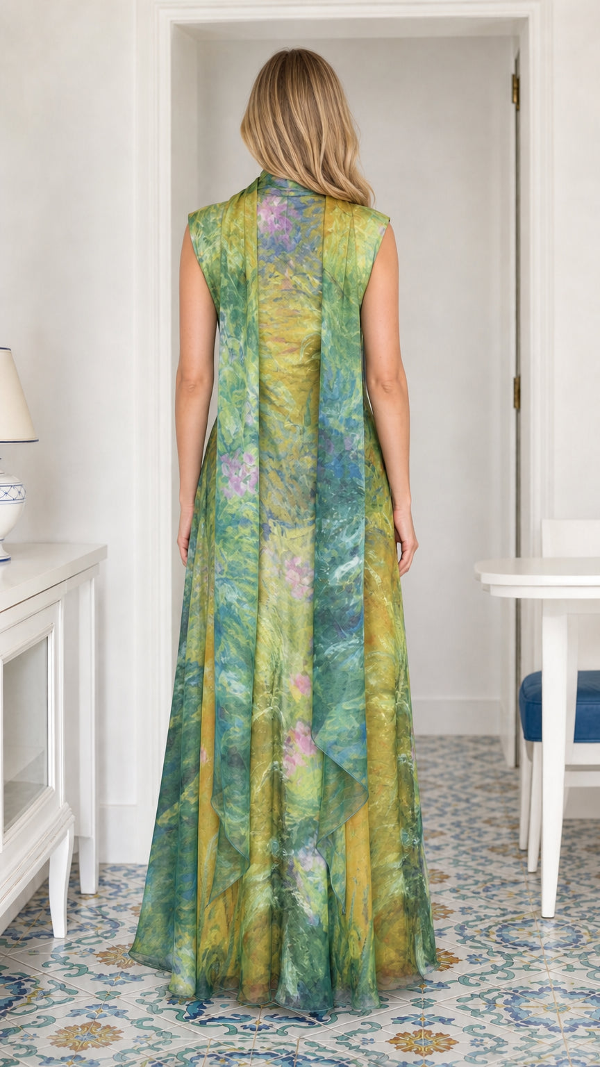 Model wearing yellow printed maxi dress, back view showcasing drape scarf