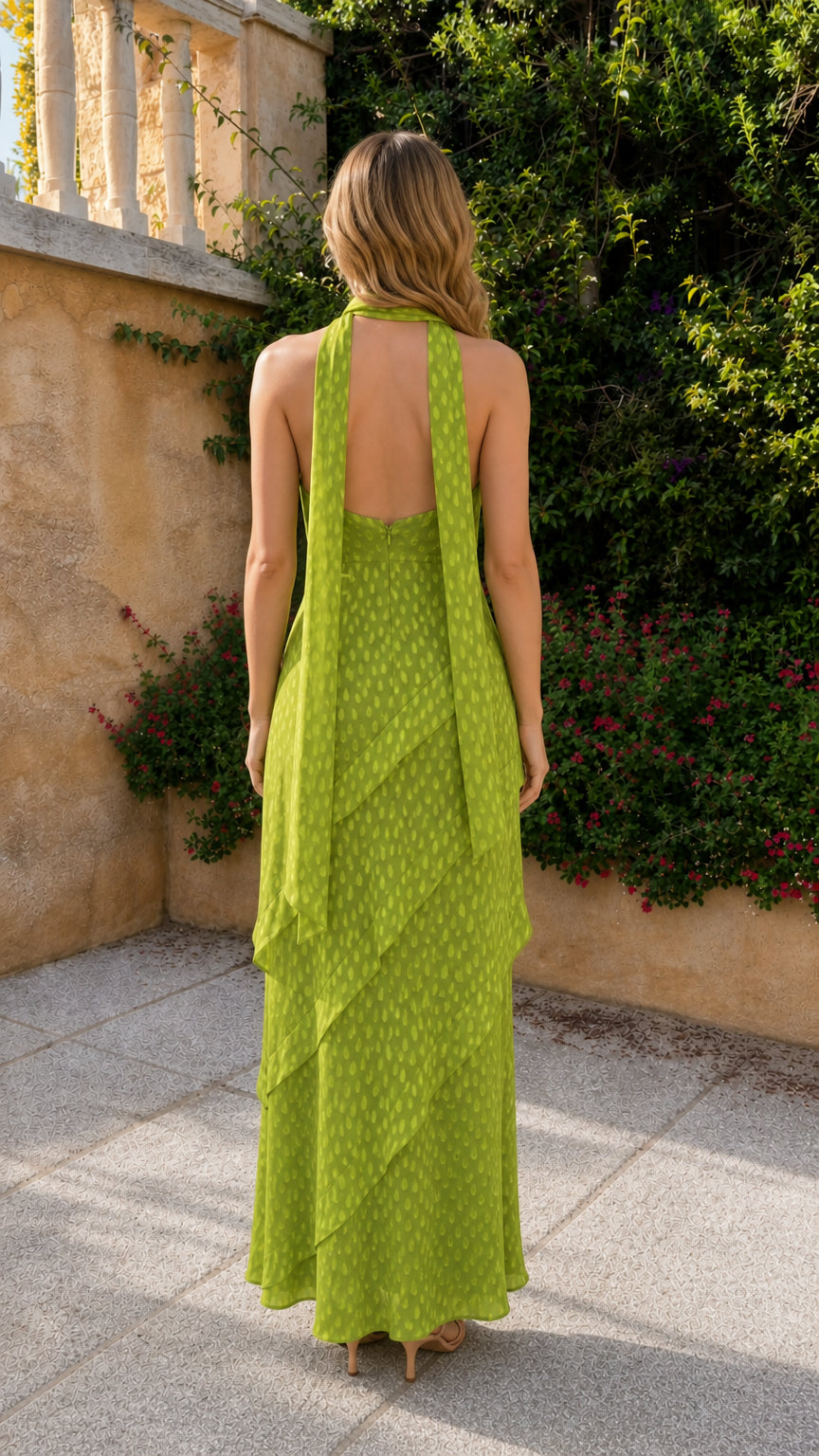 Back view of model wearing green halter neck maxi dress