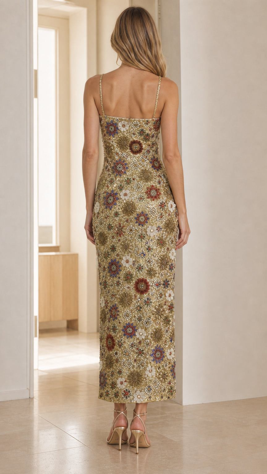 Back view of model showing the straight back neckline and column fit