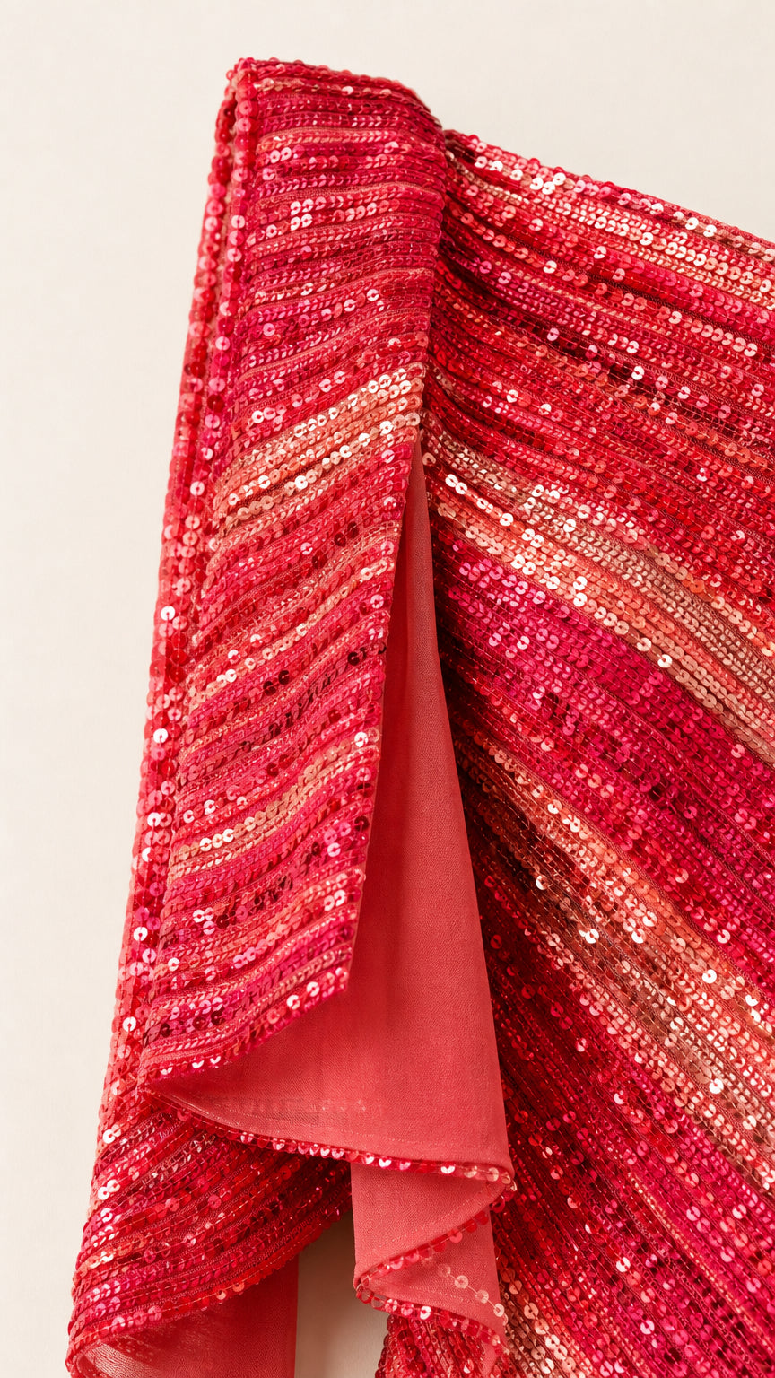 Close-up detail of red sequin fabric and drape