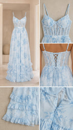 Detailed collage of light blue floral dress features