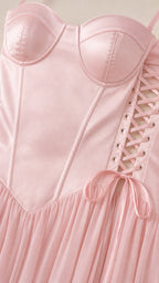 Close-up of satin bodice, sweetheart neckline, and side lacing