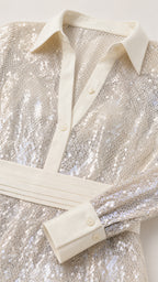 Close-up detail of shirt collar, buttons, and sequin texture