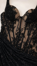 Close-up detail of beaded sheer corset bodice