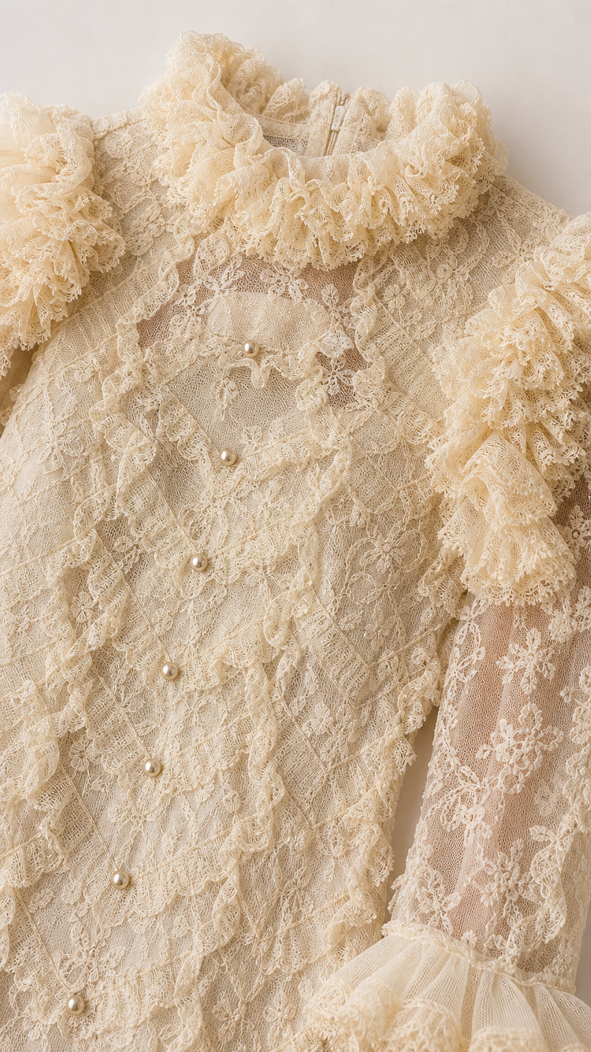 Close-up of stand collar and pearl buttons on cream lace dress