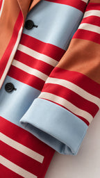 Close-up detail of striped blazer sleeve and button closure