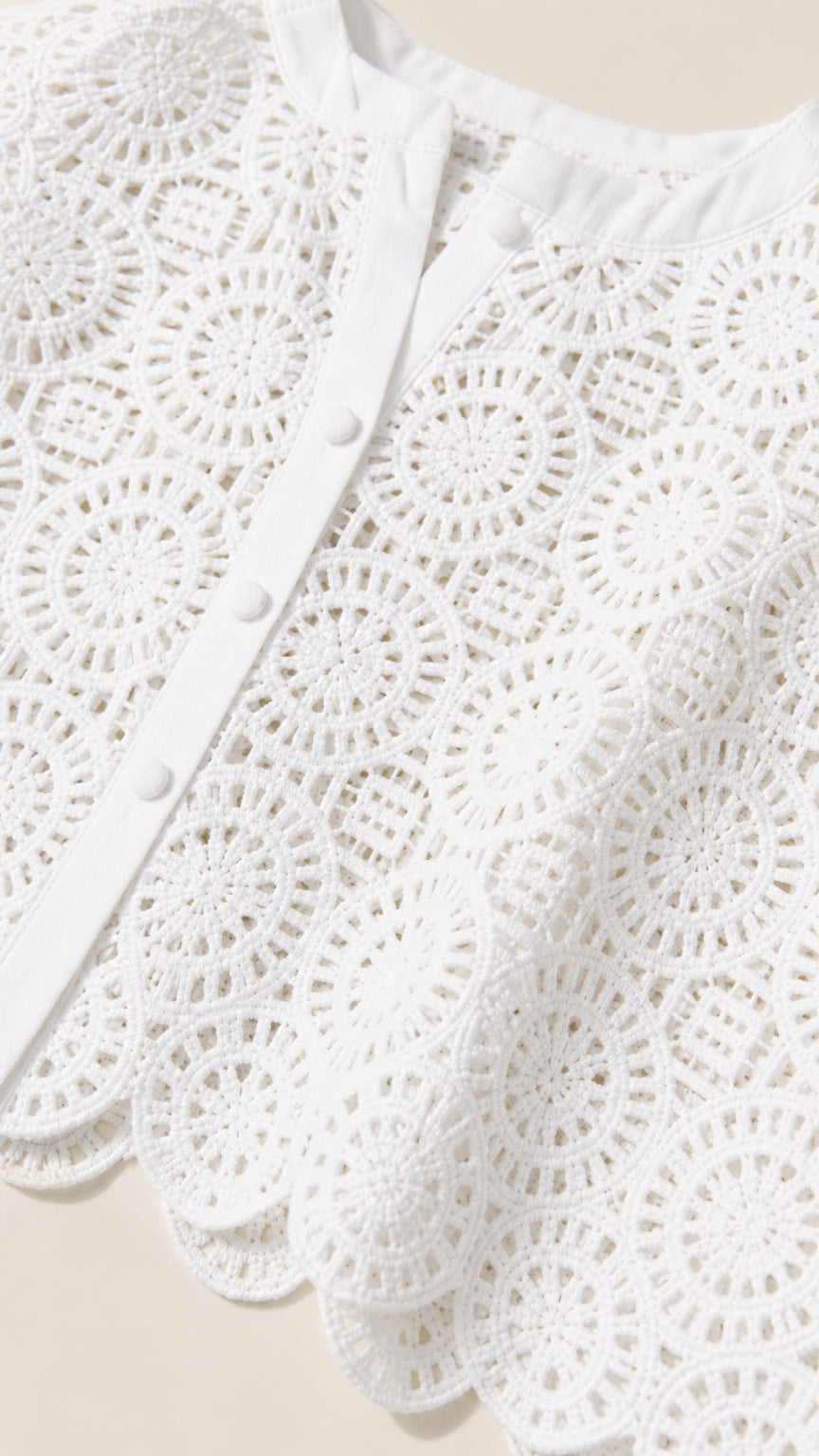 Close-up detail of white lace fabric and button closure