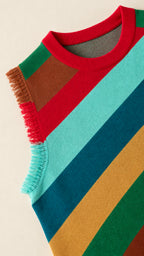 Close-up detail of the crew neckline, knit texture, and fringe armhole trim
