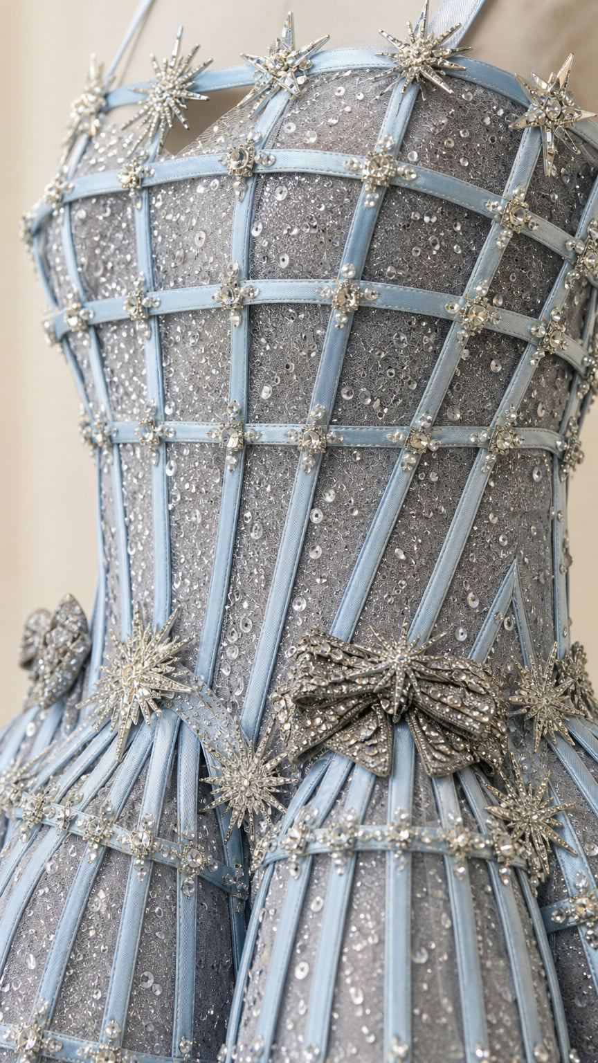 Close-up of star crystal embellishments and cage overlay