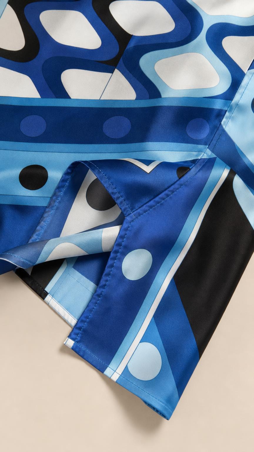 Close-up detail of the blue geometric print fabric and hem