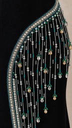 Close up of crystal and bead fringe embellishment