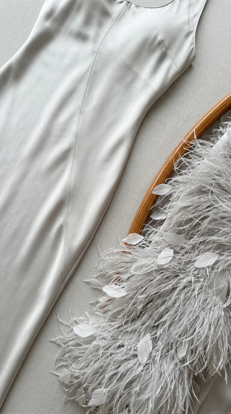 Close-up of smooth silver satin fabric and textured feather trim
