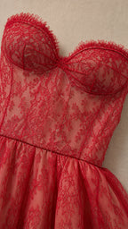 Close-up detail of the sweetheart bodice and lace texture