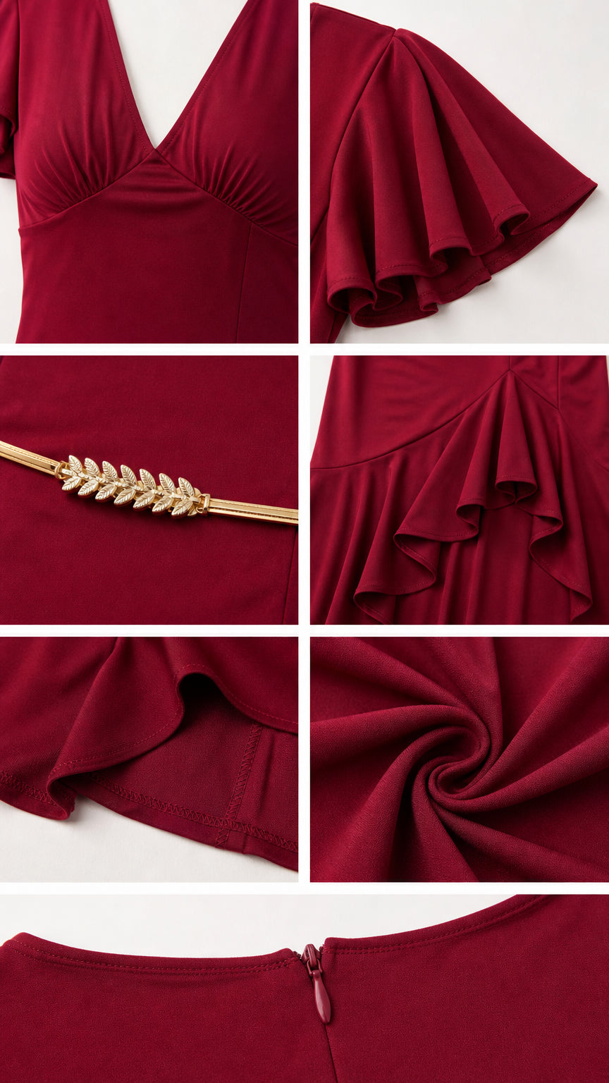 Detailed close-ups of neckline, sleeves, belt, and ruffle hem