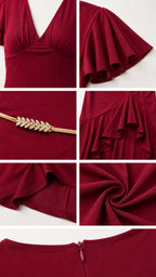 Detailed close-ups of neckline, sleeves, belt, and ruffle hem