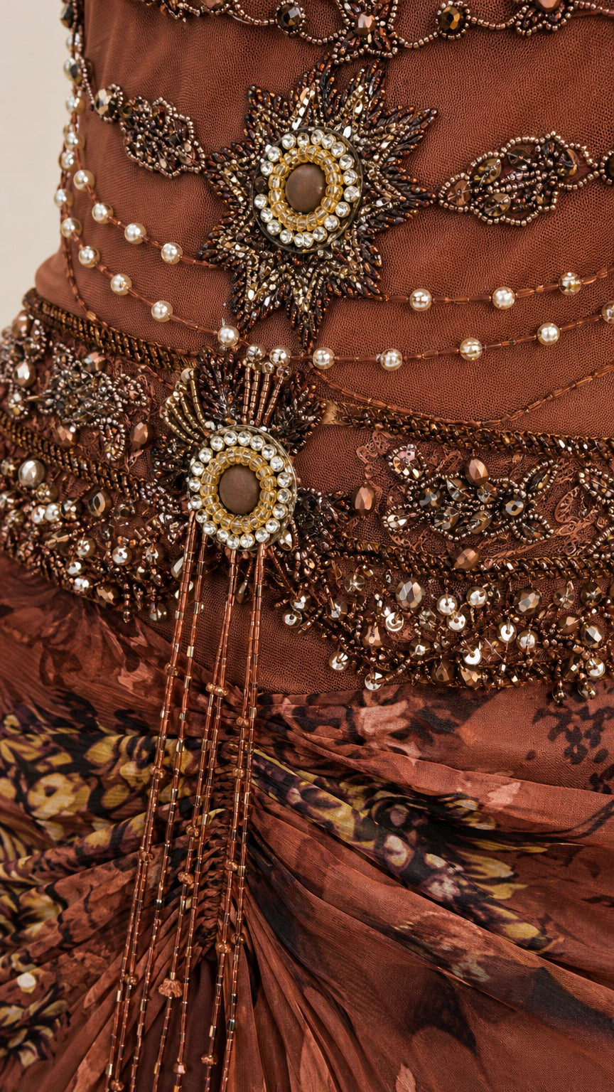 Close-up detail of beaded bodice and jeweled accents