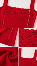 Close-up details of red dress crochet trim, texture, and neckline