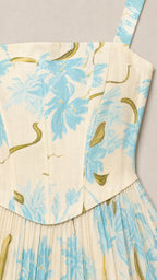 Close-up of the corset bodice and straps on ivory floral dress